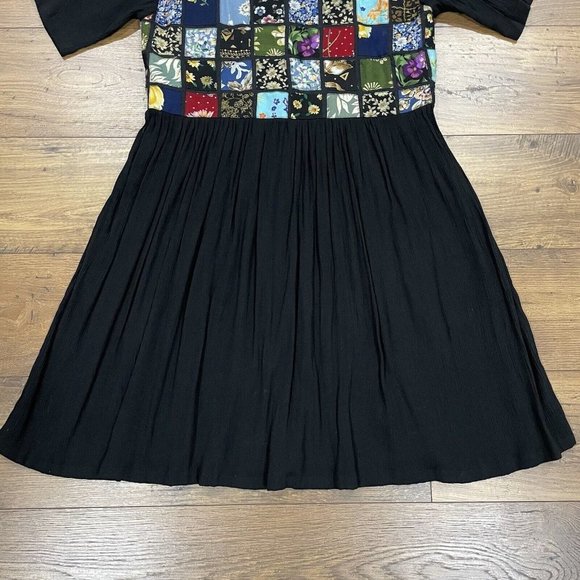 Vintage Patchwork Dress Womens M Multicolor Black Crinkle Textured Button Boho - Picture 9 of 12